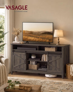 VASAGLE Tall Farmhouse TV Stand, Entertainment Center with Barn Doors, Storage Media Console Table for Living Room, 58.3 x 15.7 x 31.9 Inch, Rustic White and Honey Brown, LIRY Collection ULTV031W101S