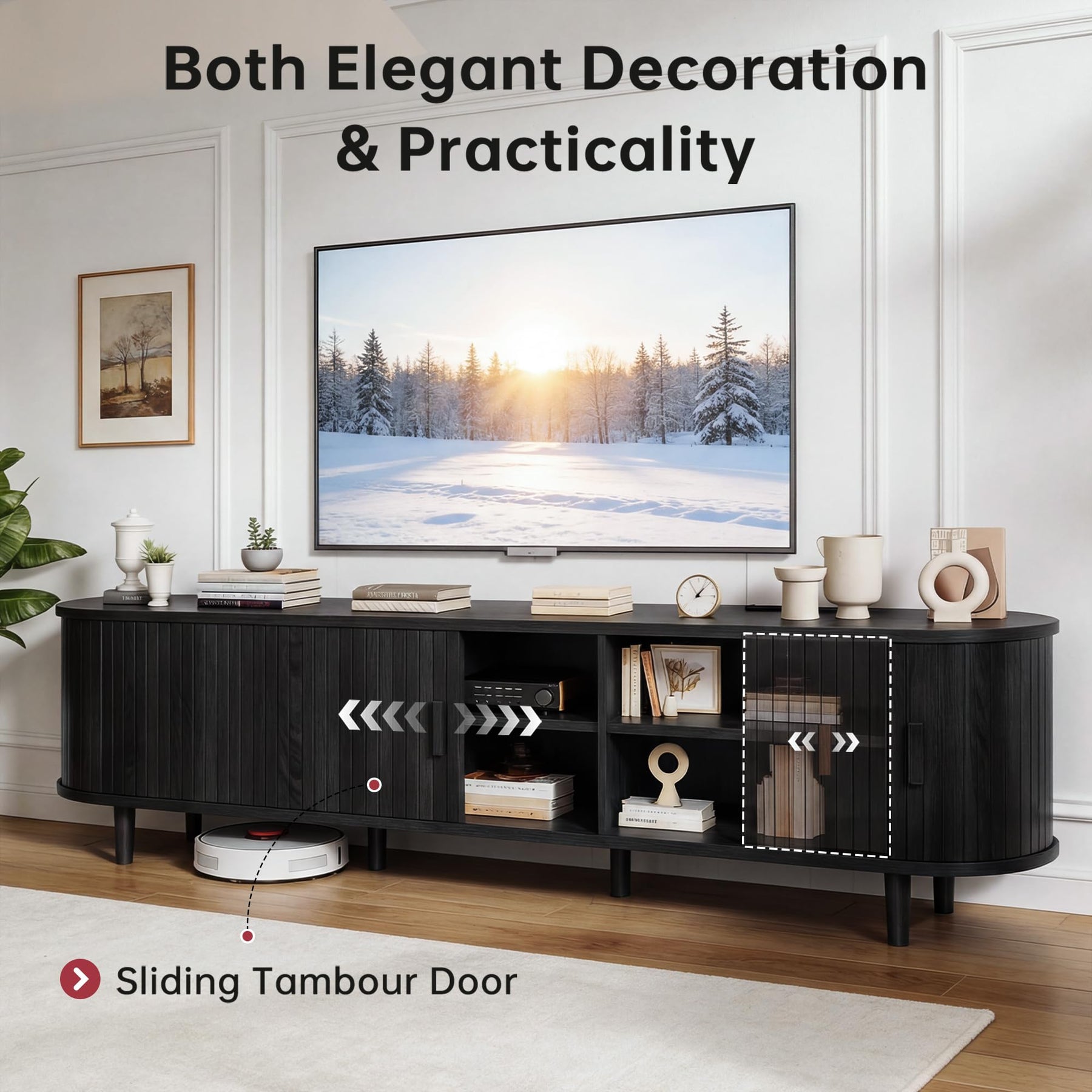 OneBlis 70" Mid Century Modern TV Stand, Wood TV Consoles with Sliding Doors and Power Outlet, Entertainment Center with Adjustable Shelves, Fluted TV Stands for Living Room, Walnut