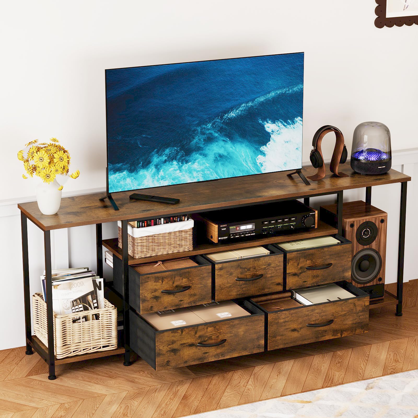 Welfuturer TV Stand for TVs Up to 75 Inch, Rustic Brown