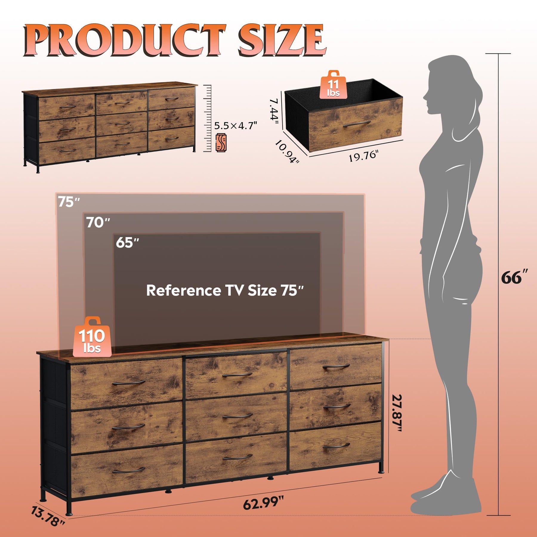 WLIVE Dresser TV Stand for 75 Inch TV, 9 Drawer Dresser for Bedroom, Black