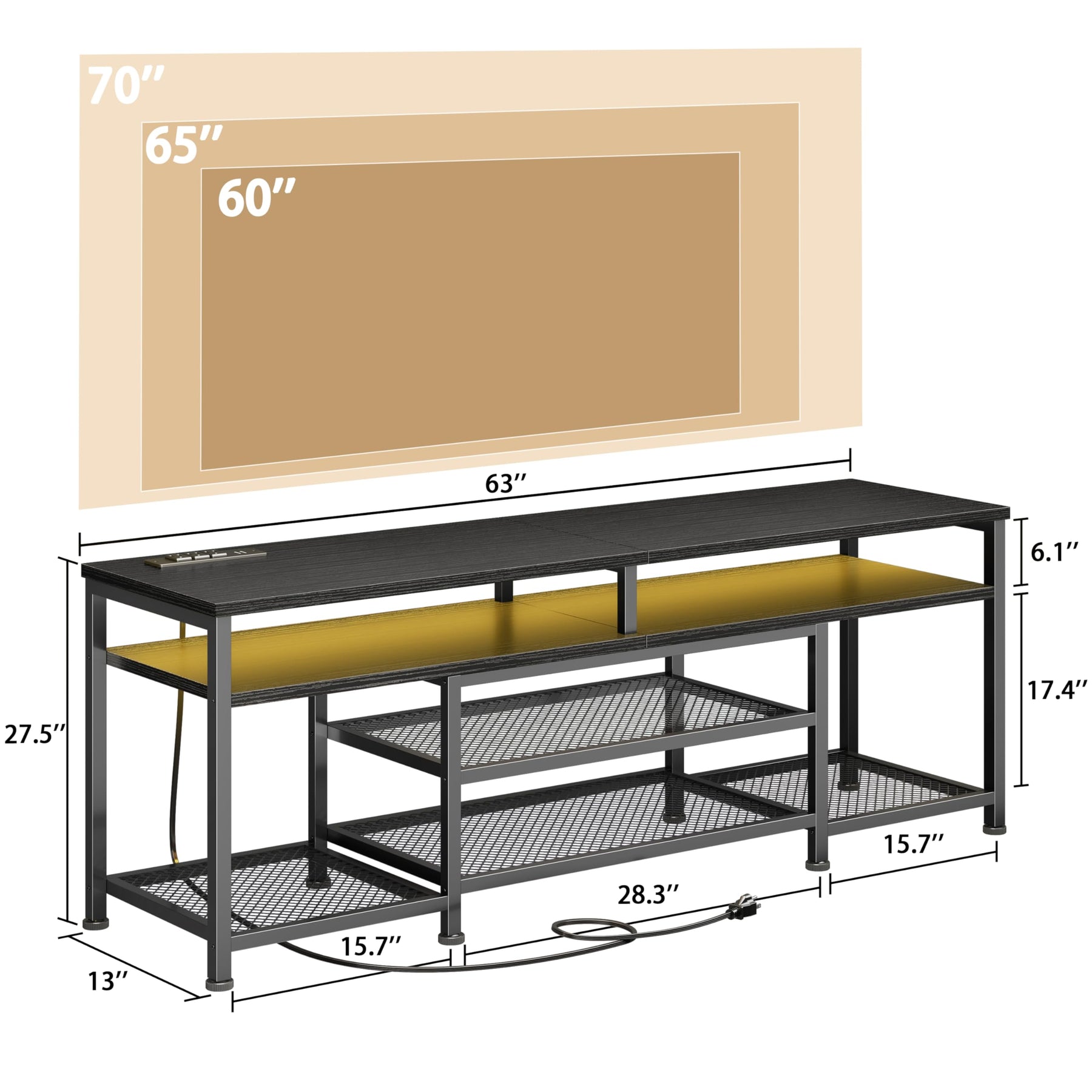 Furologee TV Stand with Power Outlets and LED Lights, 63 Inch Entertainment Center for 60 65 70 Inch TVs, Media Console Table with Open Shelves, for Bedroom, Living Room, Black