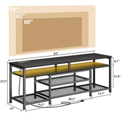 Furologee TV Stand with Power Outlets and LED Lights, 63 Inch Entertainment Center for 60 65 70 Inch TVs, Media Console Table with Open Shelves, for Bedroom, Living Room, Black