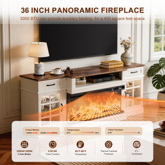 MXV 70" Fireplace TV Stand, 3-Sided Glass Fireplace and Modern Entertainment Center, Wooden Media Console with Glass Doors & Storage Drawers, LED Light, for Living Room, Antique White