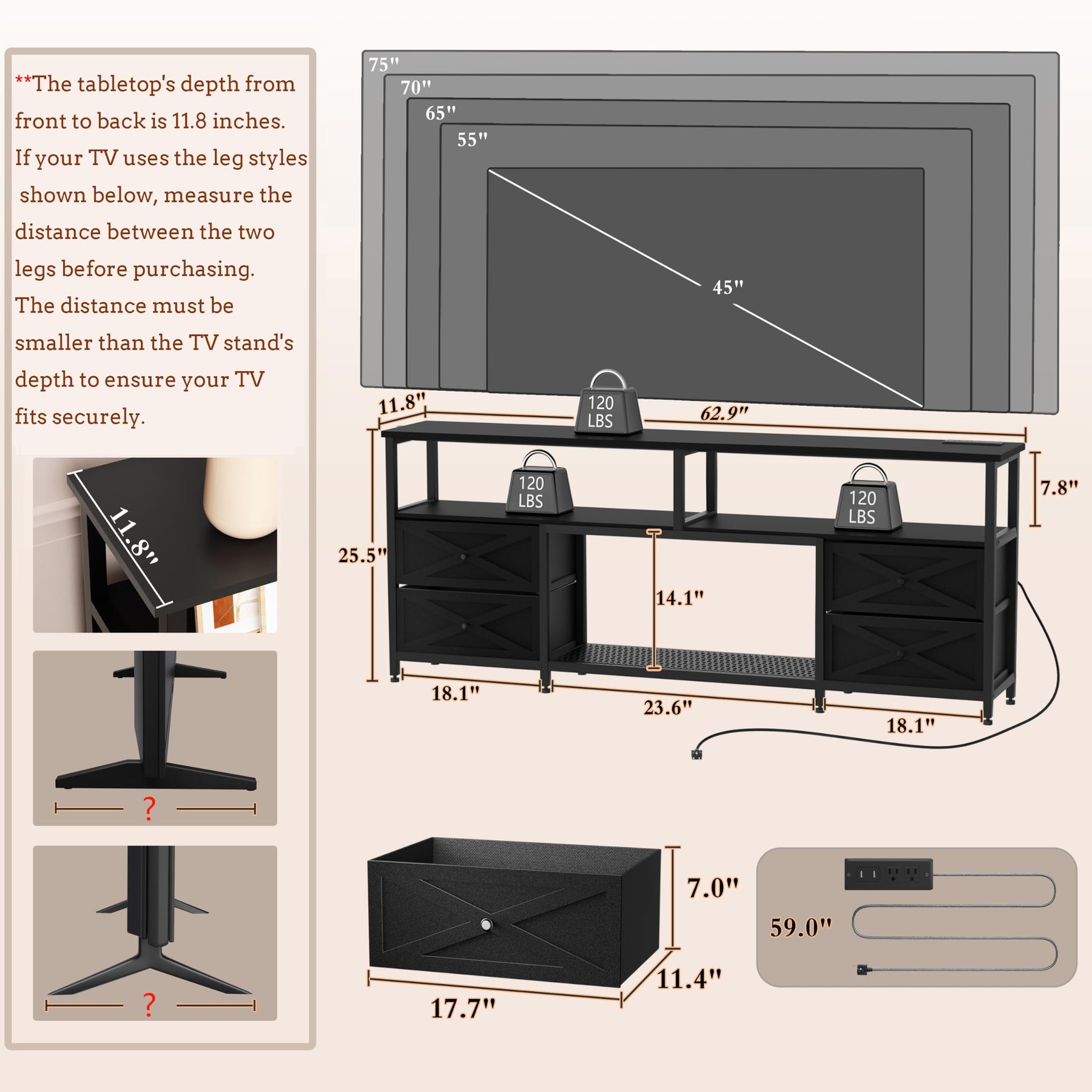 JUSTOGO TV Stand with Drawers for 65 70 75 Inches TV, Entertainment Center