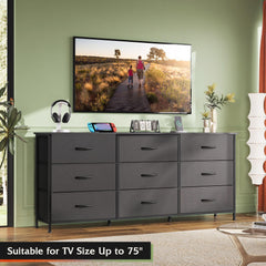 WLIVE Dresser TV Stand for 75 Inch TV, 9 Drawer Dresser for Bedroom, Black