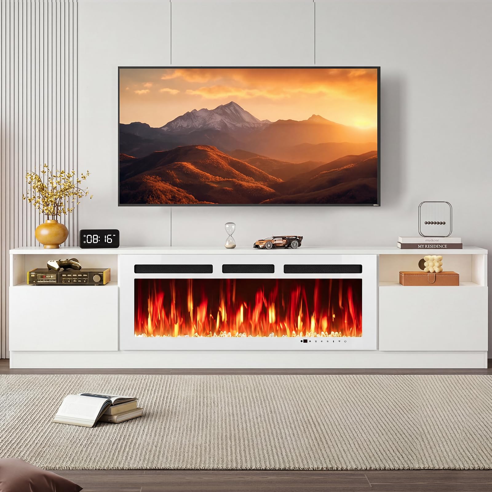 oneinmil Fireplace TV Stand with 36" Electric Fireplace, LED Light Entertainment Center, Modern Wood Texture Entertainment Stand with Highlight Storage Cabinet for TVs Up to 80", 70 inches, Black