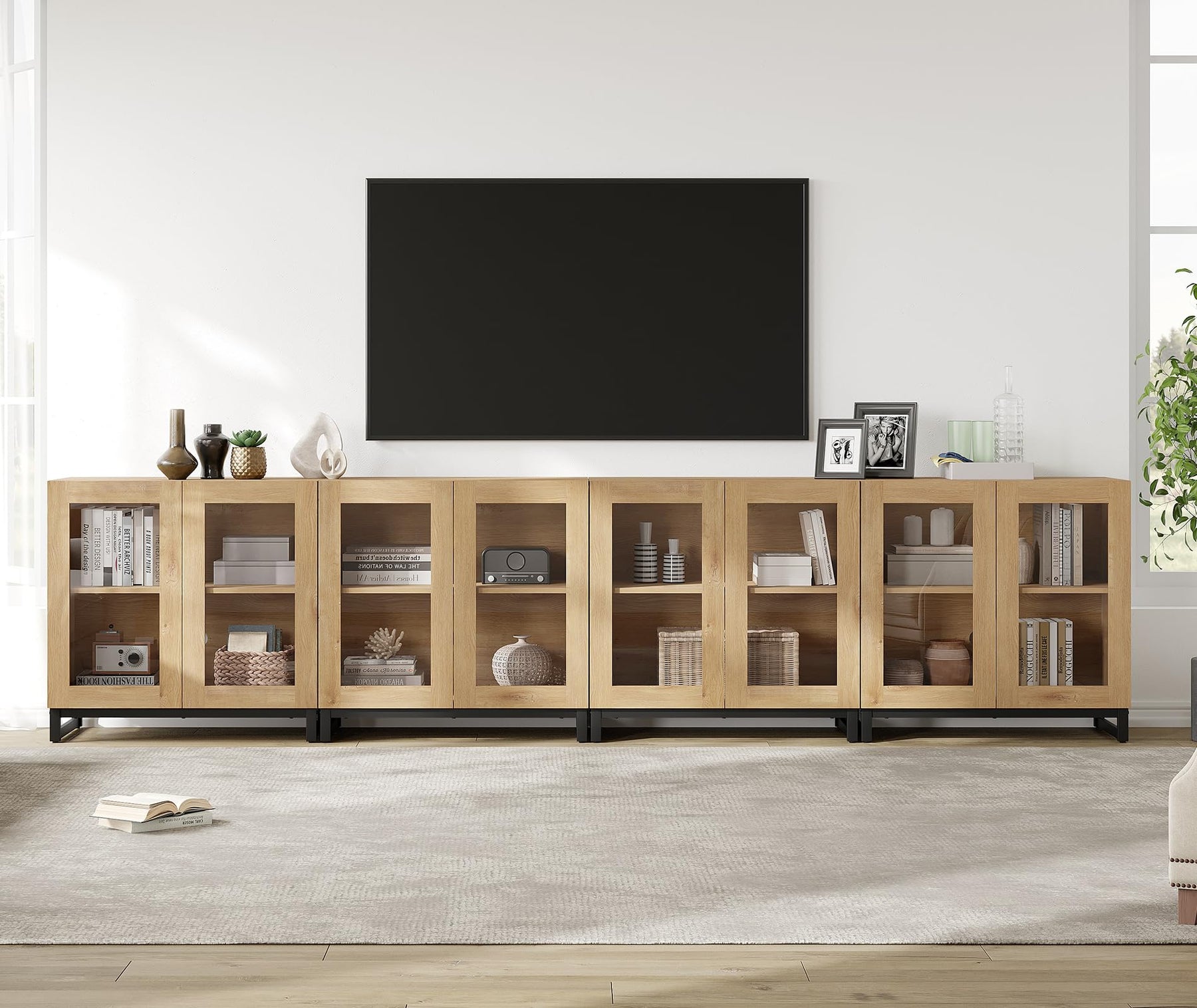 WAMPAT Modern TV Stand with Glass Doors for 80-120 inch TVs, 4 in 1 Entertainment Center Console with 4 Drawers and Metal Base for Living Room, Bedroom, Brown