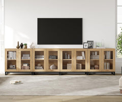 WAMPAT Modern TV Stand with Glass Doors for 80-120 inch TVs, 4 in 1 Entertainment Center Console with 4 Drawers and Metal Base for Living Room, Bedroom, Brown