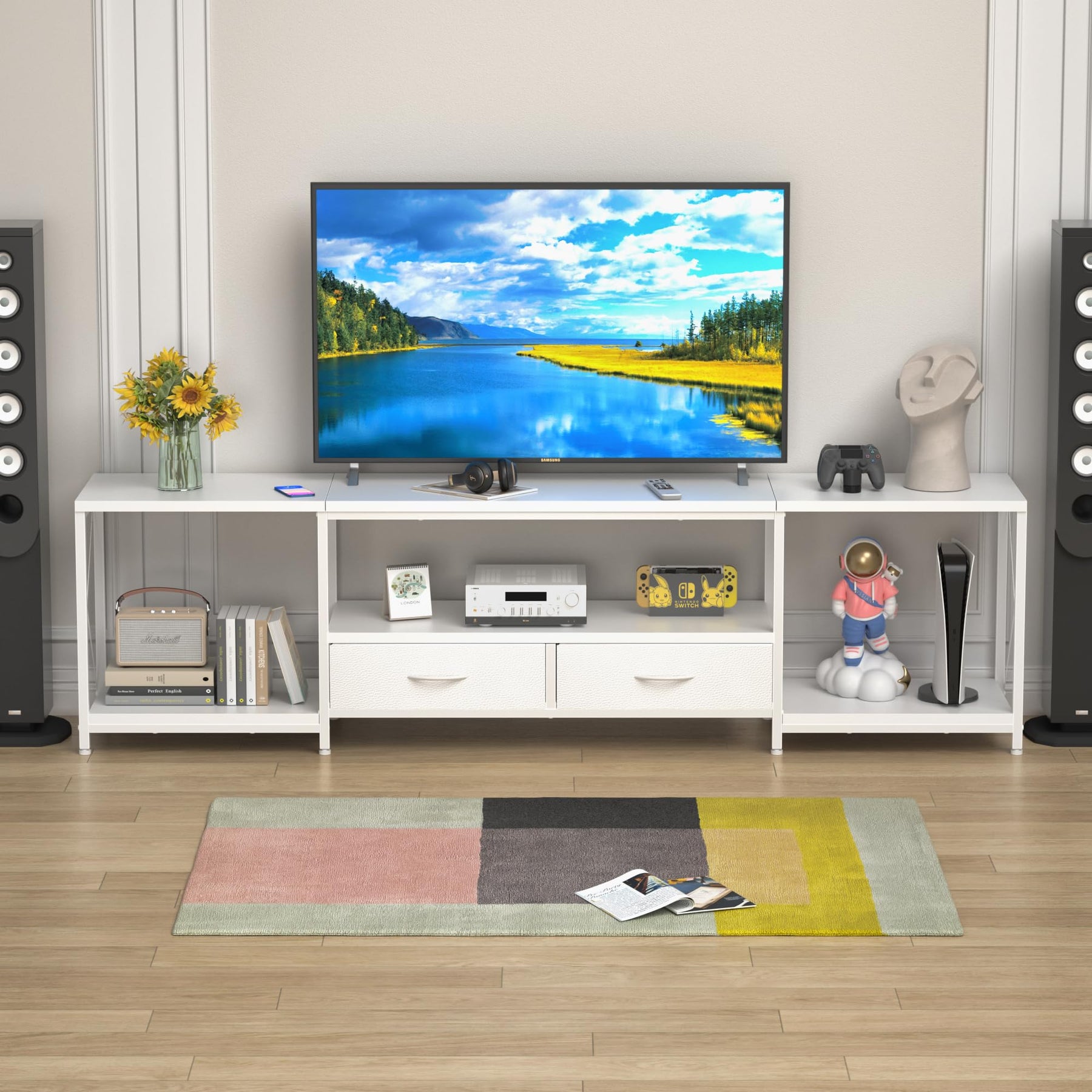 GYIIYUO TV Stand with Fabric Drawer - Entertainment Center and Industrial TV Console Table with Open Storage Shelves for Living Room, Bedroom - 55.1" Rustic Brown