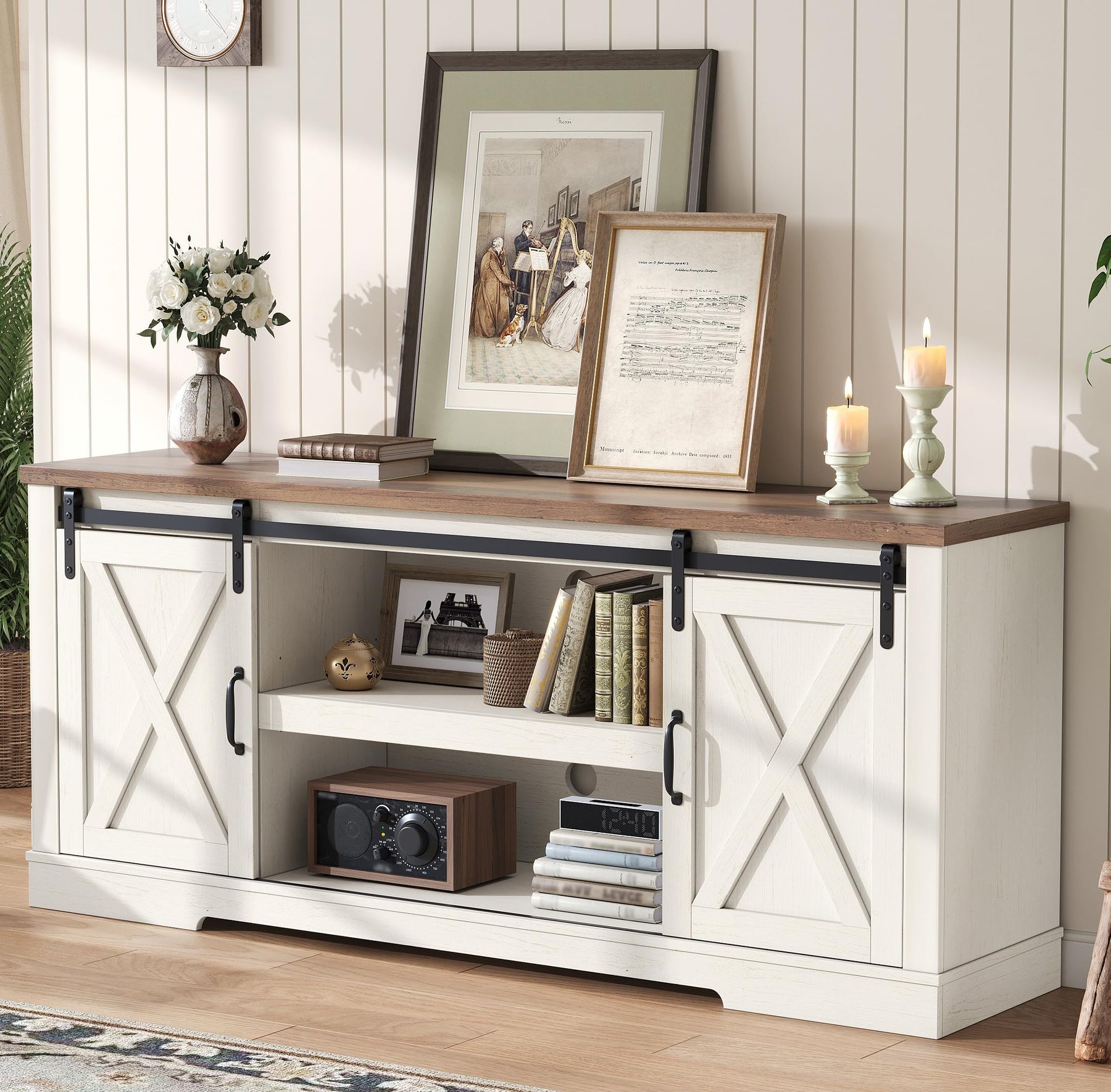 AMERLIFE 66" TV Stand for Living Room, Entertainment Center, Brown