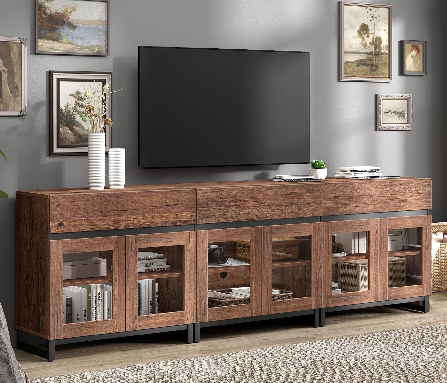 WAMPAT Modern TV Stand with Glass Doors for 80-120 inch TVs, 4 in 1 Entertainment Center Console with 4 Drawers and Metal Base for Living Room, Bedroom, Brown
