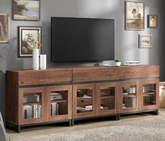 WAMPAT Modern TV Stand with Glass Doors for 80-120 inch TVs, 4 in 1 Entertainment Center Console with 4 Drawers and Metal Base for Living Room, Bedroom, Brown