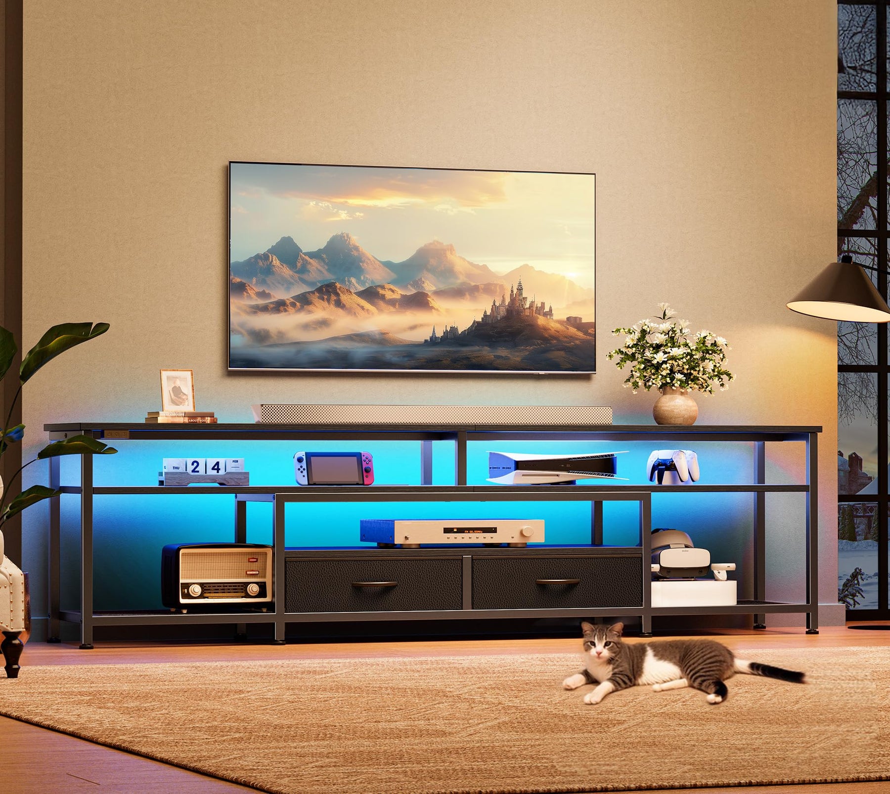 Huuger 63 Inch LED TV Stand for 65 70 Inch TV, Entertainment Center with Open Shelves and Power Outlets, TV Console for Living Room, Media Console with Drawers, Black