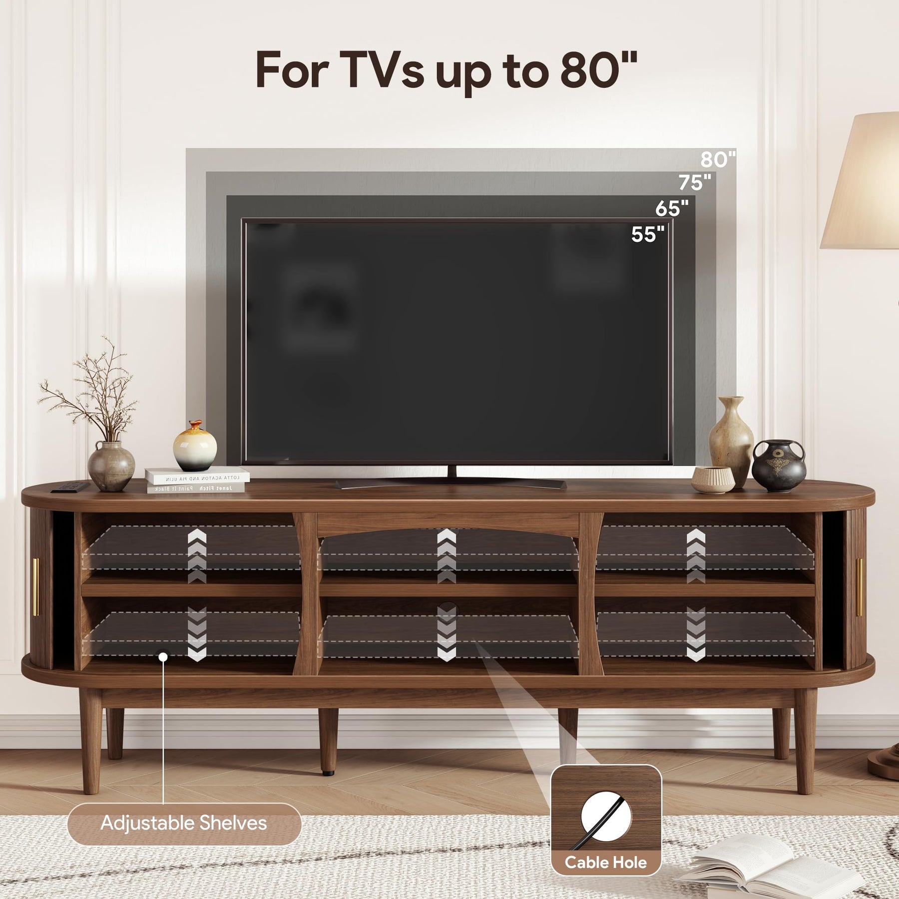 Decofy Mid Century TV Stand for TVs up to 80 Inches, Entertainment Center with Storage, Power Outlet, Fluted Sliding Doors & Adjustable Shelves, Modern Media TV Console Table for Living Room (Walnut)