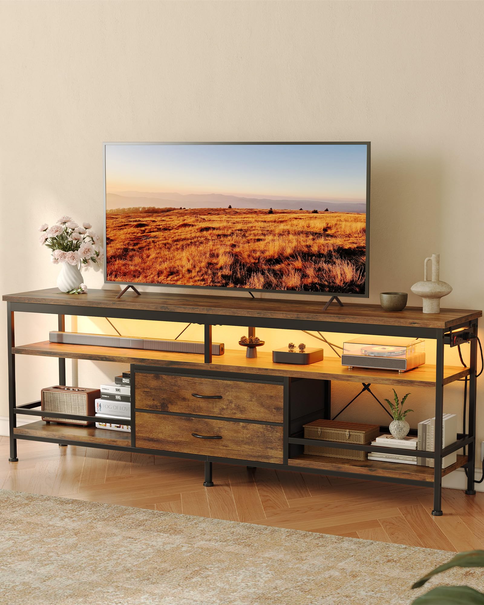 Lazzanto 63in TV Stand for 55-75in TVs, LED Lights, Charging Station, Black