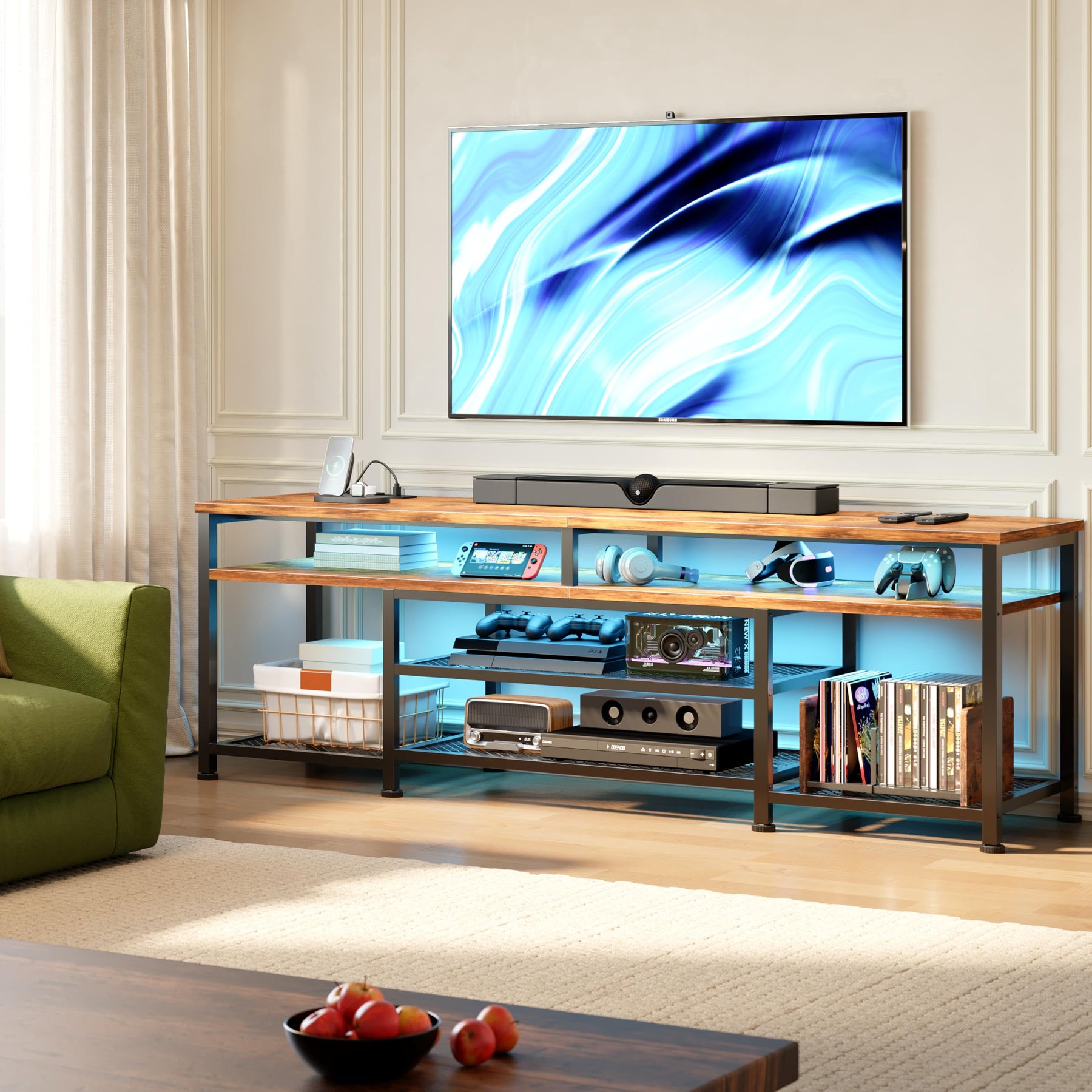 Furologee TV Stand with Power Outlets and LED Lights, 63 Inch Entertainment Center for 60 65 70 Inch TVs, Media Console Table with Open Shelves, for Bedroom, Living Room, Black