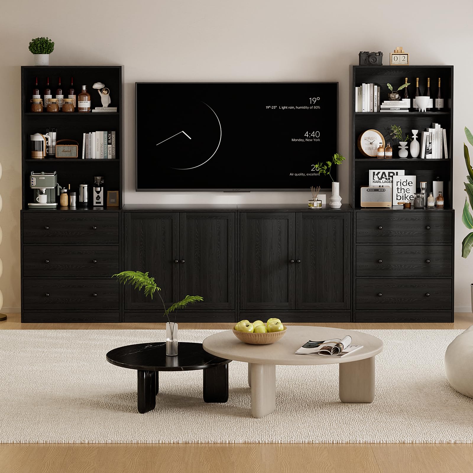 TUSY 71" Large TV Stand Set - TV Entertainment Center for TVs up to 65", Media Center with Tempered Glass Doors and Drawer, TV Hutch with Bookshelves for Living Room (White, BDDB)