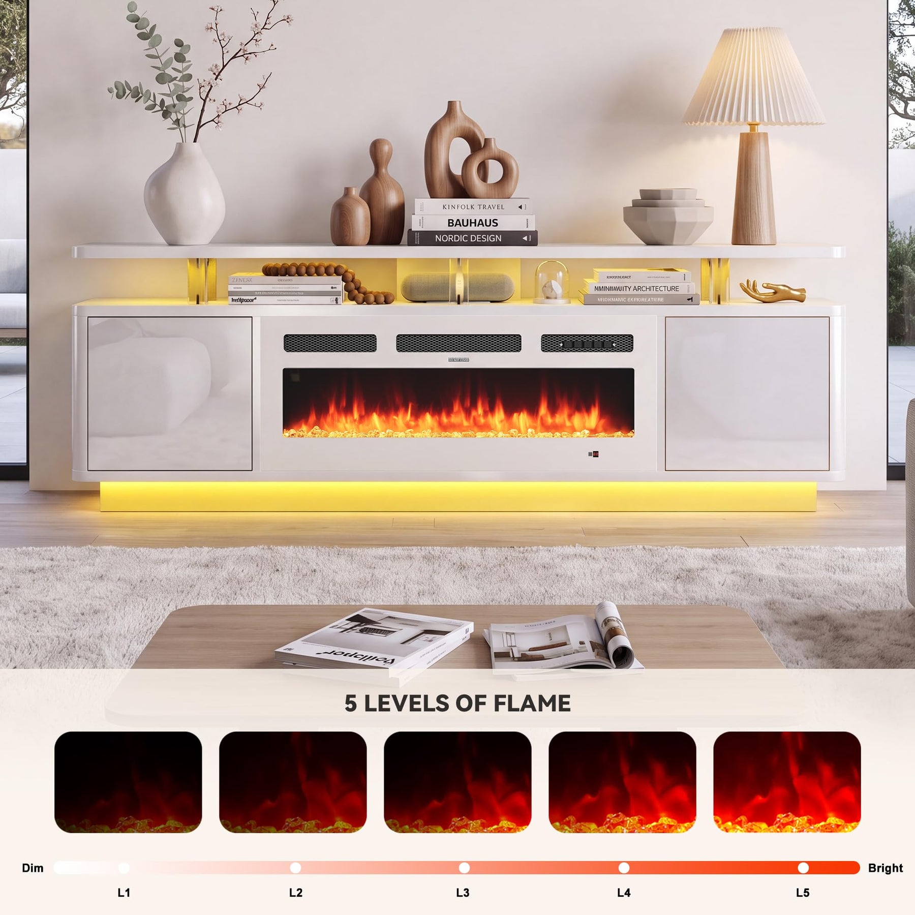 OneBlis 70" Fireplace TV Stand with Double LED Lights for TVs UP to 80", Electric Fireplace Entertainment Center with Storage Cabinets, TV Console for Living Room, Office, Black1