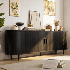 OneBlis 70" Mid Century Modern TV Stand, Wood TV Consoles with Sliding Doors and Power Outlet, Entertainment Center with Adjustable Shelves, Fluted TV Stands for Living Room, Walnut