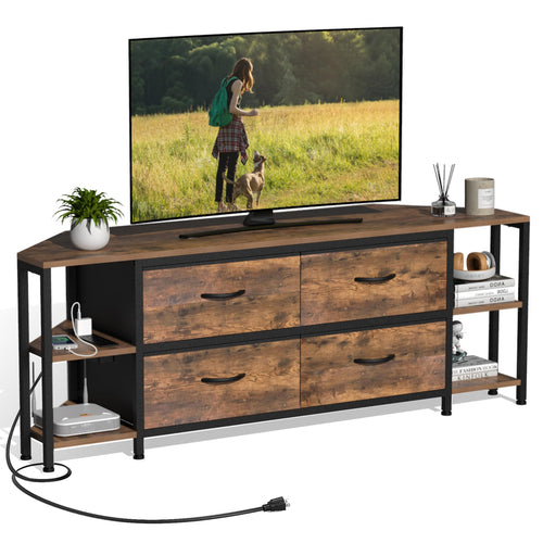 EXOTICA Corner TV Stand for 55" TV with Drawer & Power Outlet, Brown