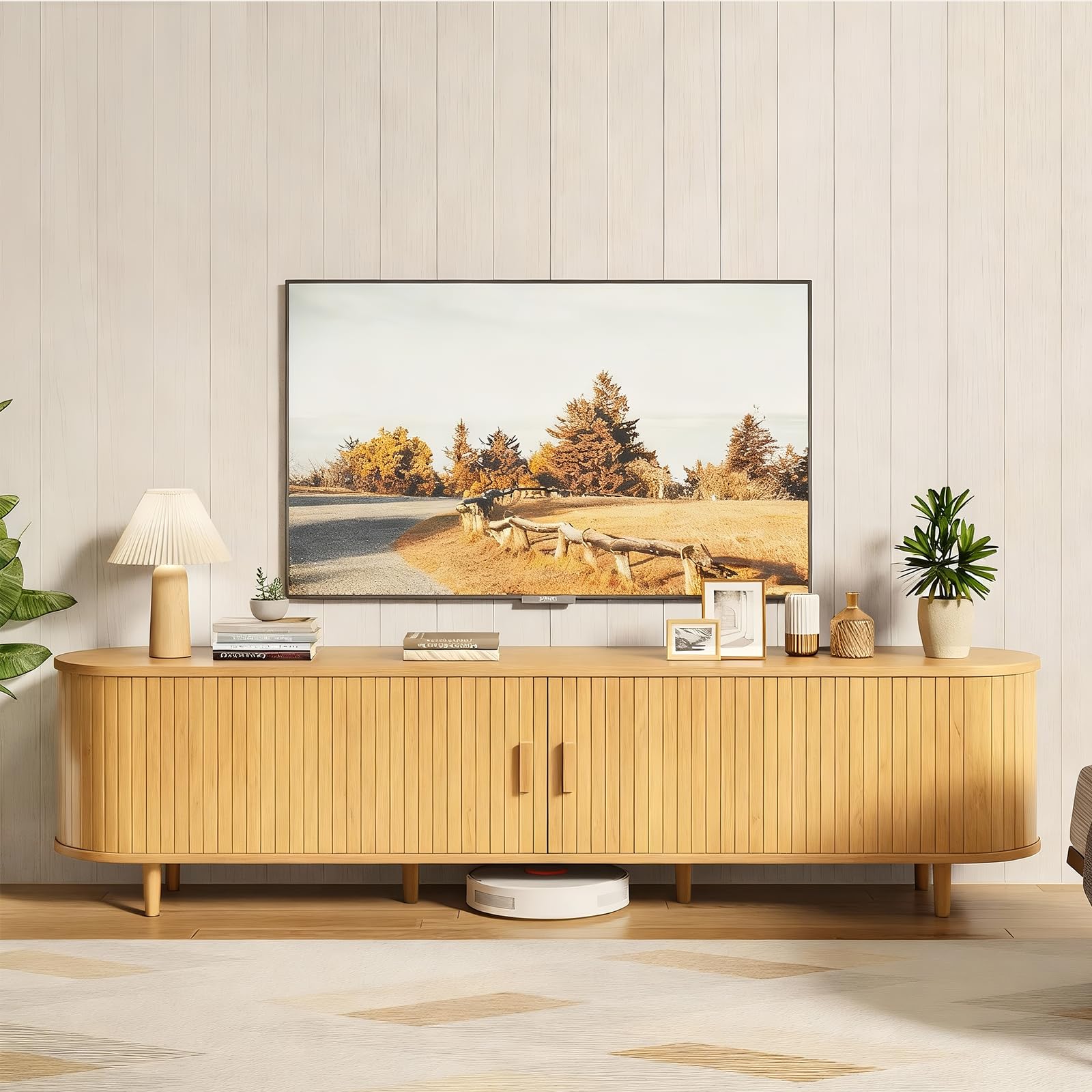 OneBlis 70" Mid Century Modern TV Stand, Wood TV Consoles with Sliding Doors and Power Outlet, Entertainment Center with Adjustable Shelves, Fluted TV Stands for Living Room, Walnut
