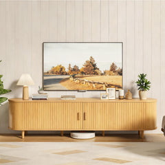 OneBlis 70" Mid Century Modern TV Stand, Wood TV Consoles with Sliding Doors and Power Outlet, Entertainment Center with Adjustable Shelves, Fluted TV Stands for Living Room, Walnut