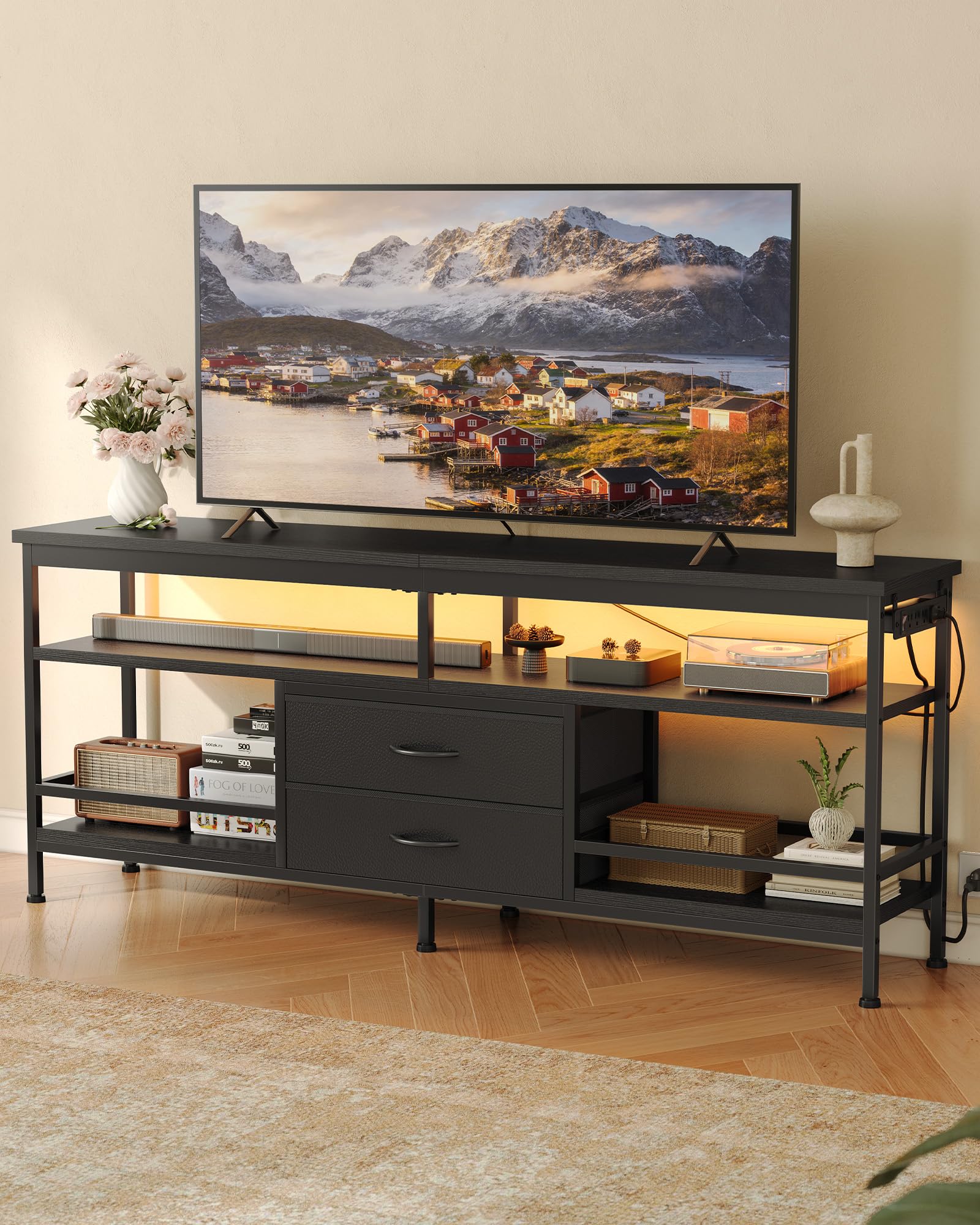 Lazzanto 63in TV Stand for 55-75in TVs, LED Lights, Charging Station, Black