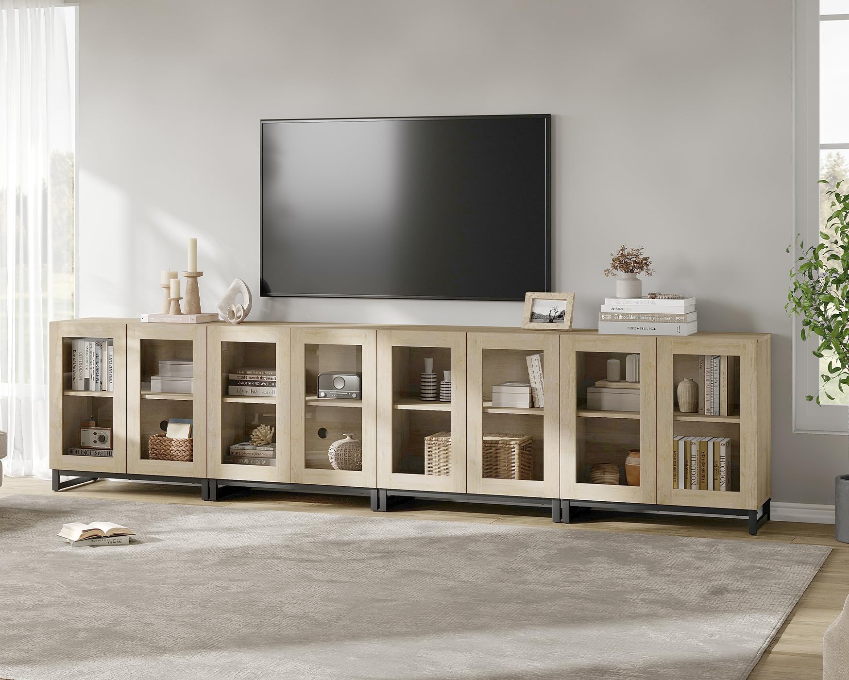 WAMPAT Modern TV Stand with Glass Doors for 80-120 inch TVs, 4 in 1 Entertainment Center Console with 4 Drawers and Metal Base for Living Room, Bedroom, Brown