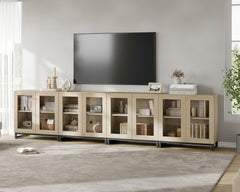 WAMPAT Modern TV Stand with Glass Doors for 80-120 inch TVs, 4 in 1 Entertainment Center Console with 4 Drawers and Metal Base for Living Room, Bedroom, Brown