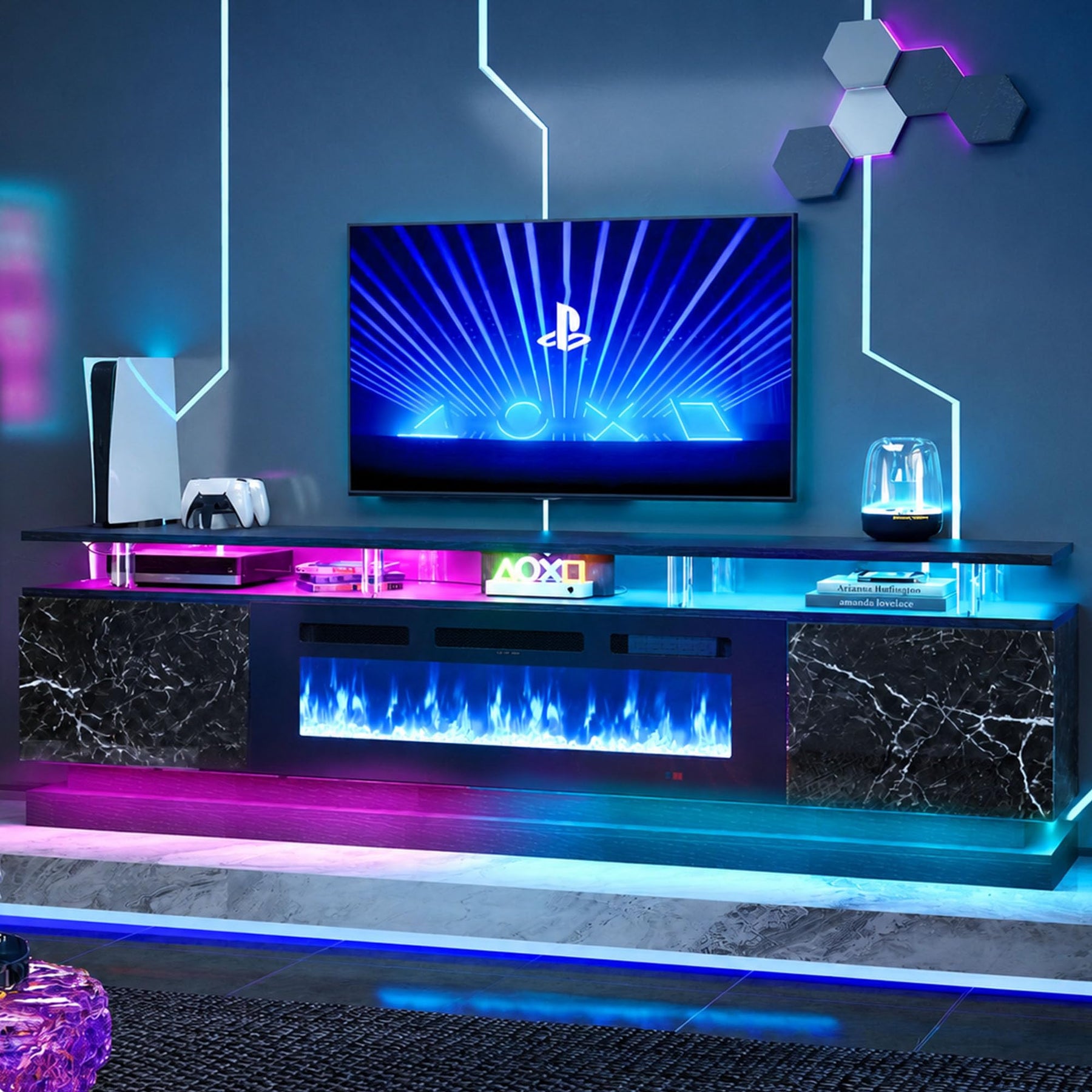 Nordivale 70" Fireplace TV Stand, Modern Entertainment Center for TVs Up to 80”, TV Console with Storage Cabinets, Media Console for Living Room, Black TV Stand and Black Fireplace