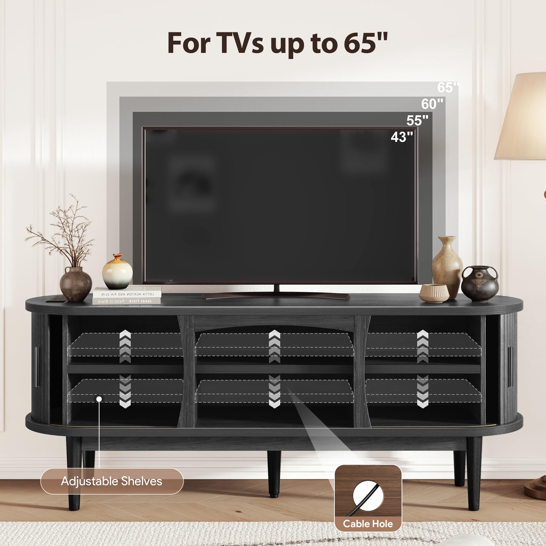 Decofy Mid Century TV Stand for TVs up to 80 Inches, Entertainment Center with Storage, Power Outlet, Fluted Sliding Doors & Adjustable Shelves, Modern Media TV Console Table for Living Room (Walnut)