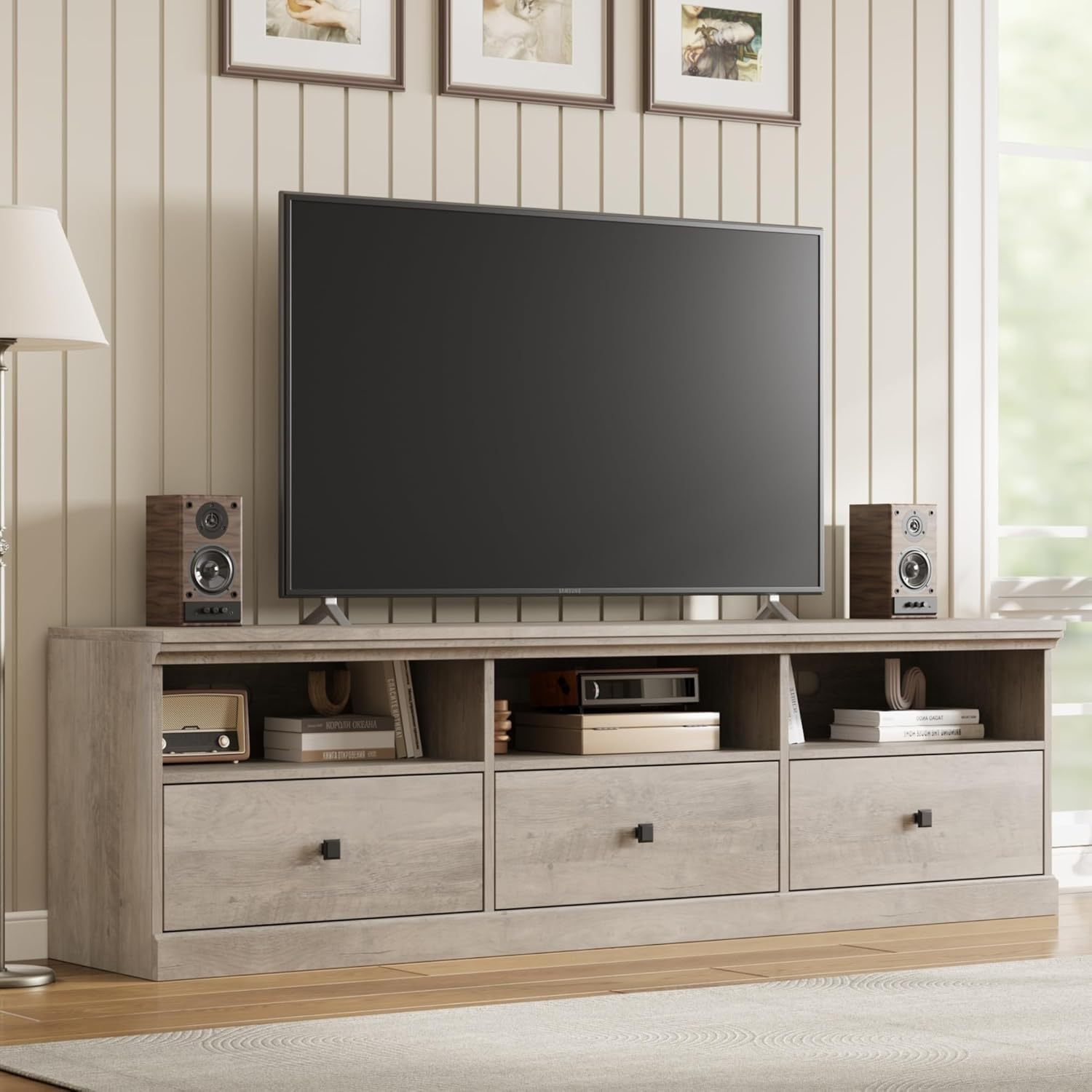 70in TV Stand for TVs up to 75in, Entertainment Center with Storage Drawer, Mid-Century Modern TV Console with Open Shelves, Wood Media TV Cabinet for Living Room, Bedroom