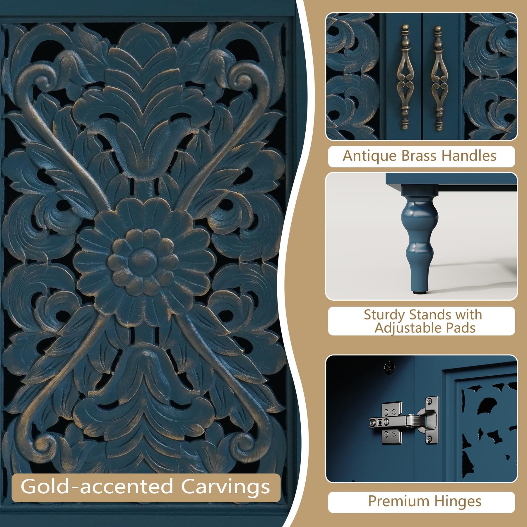 ARTPOWER 67" Retro TV Stand with Hollow Carved Doors for Living Room, Blue