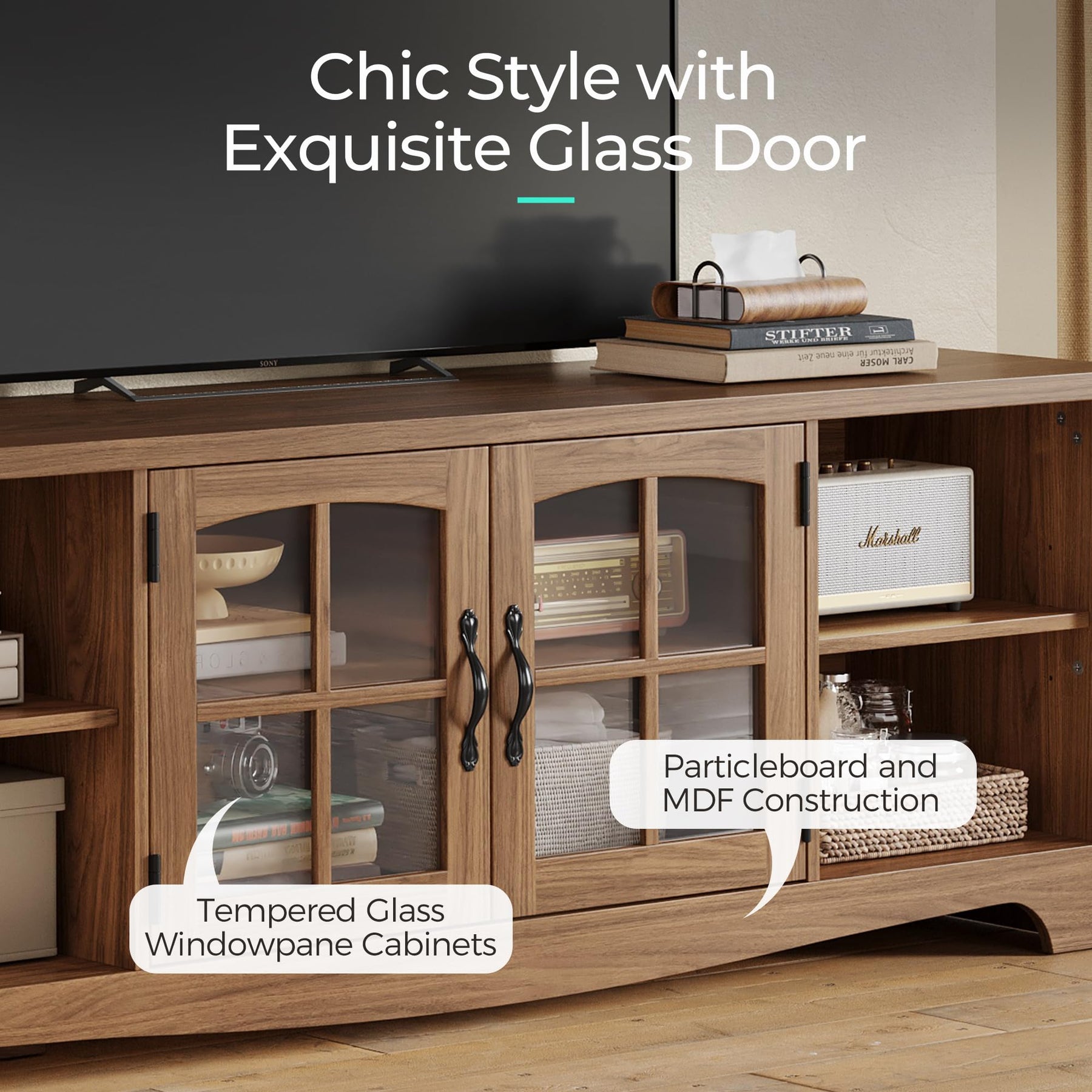 LINSY HOME Farmhouse TV Stand for 65 Inch TV, Wood Entertainment Center with Glass Door Storage Cabinet & Adjustable Shelves, Large Sturdy TV Console Table for Living Room Bedroom