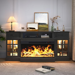MXV 70" Fireplace TV Stand, 3-Sided Glass Fireplace and Modern Entertainment Center, Wooden Media Console with Glass Doors & Storage Drawers, LED Light, for Living Room, Antique White
