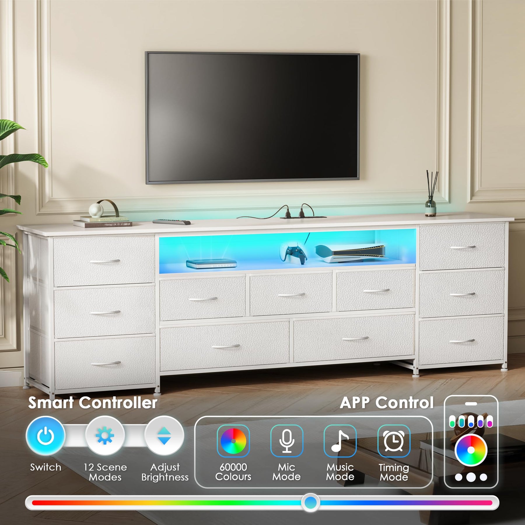 Huuger 63 Inch TV Stand for 65, 70 Inch TV, 11 Drawer Long Dresser with Power Outlets and LED Lights, Entertainment Center with Storage, Black Dresser with PU Leather Surface