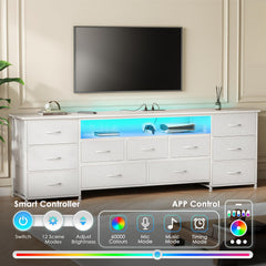 Huuger 63 Inch TV Stand for 65, 70 Inch TV, 11 Drawer Long Dresser with Power Outlets and LED Lights, Entertainment Center with Storage, Black Dresser with PU Leather Surface