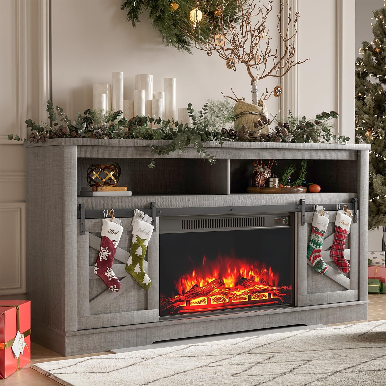 YESHOMY 58" Farmhouse TV Stand for TVs up to 65", Sliding Barn Doors, White