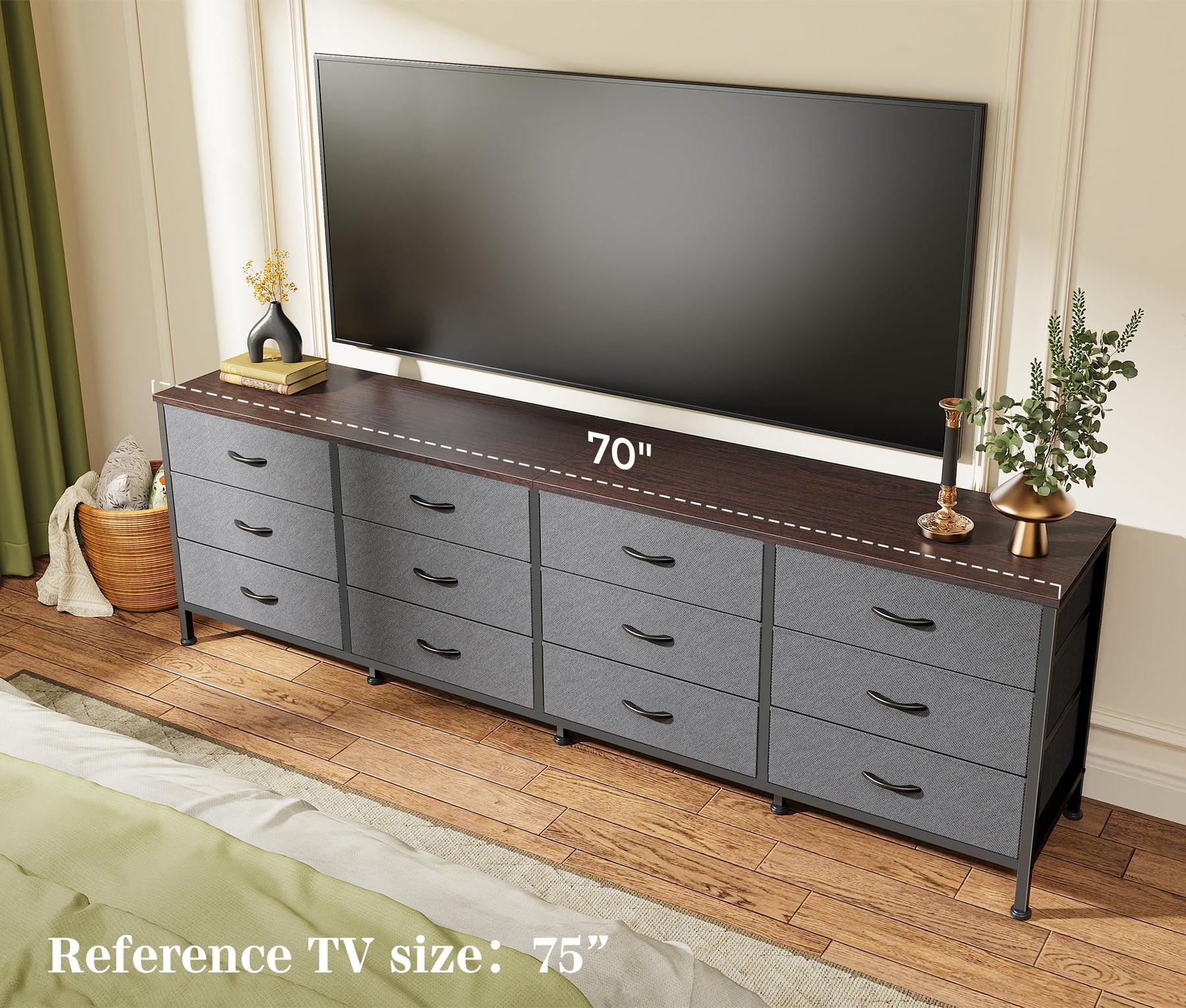 Huuger 70 Inch Dresser for Bedroom, TV Stand for 65, 75, 80 Inch TV, 12 Fabric Drawer Long Dresser, Large Entertainment Center for Bedroom, Wide Chest of Drawer with Storage, Rustic Brown