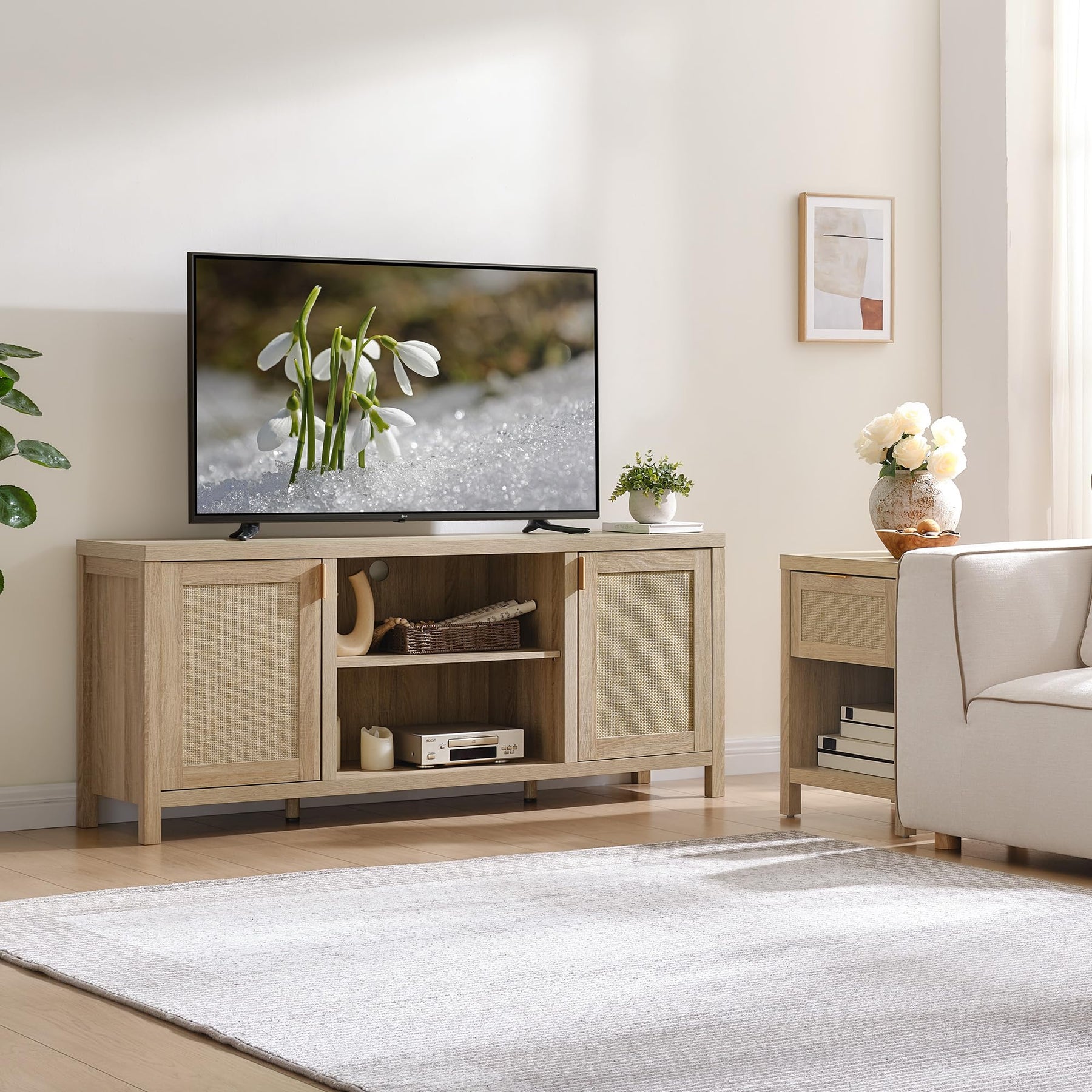SICOTAS TV Stands for Living Room 59" Rattan TV Console with Storage