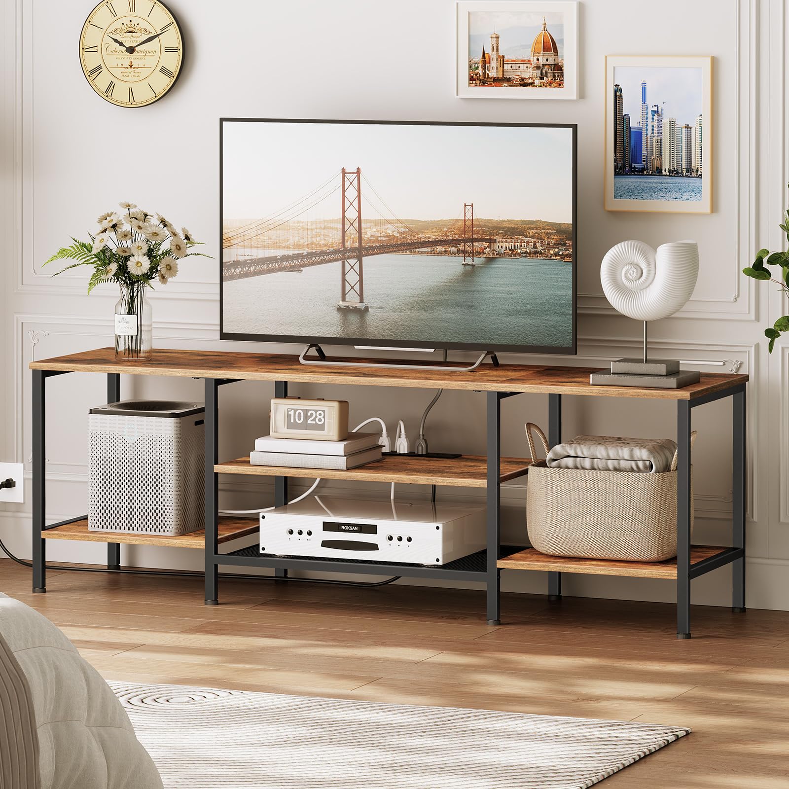 HOOBRO TV Stand with Power Outlets to 75 Inches, TV Console Table with Open Storage Shelves Cabinet, Industrial Media Entertainment Center for Living Room Bedroom, Rustic Brown and Black BF80DS01