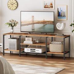 HOOBRO TV Stand with Power Outlets to 75 Inches, TV Console Table with Open Storage Shelves Cabinet, Industrial Media Entertainment Center for Living Room Bedroom, Rustic Brown and Black BF80DS01