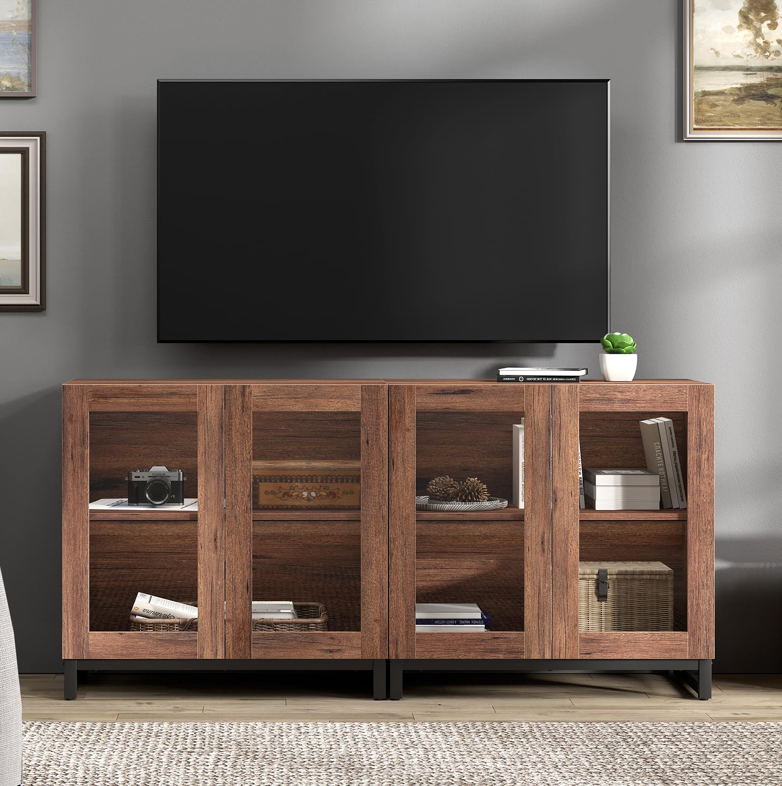 WAMPAT Modern TV Stand with Glass Doors for 80-120 inch TVs, 4 in 1 Entertainment Center Console with 4 Drawers and Metal Base for Living Room, Bedroom, Brown