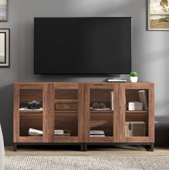 WAMPAT Modern TV Stand with Glass Doors for 80-120 inch TVs, 4 in 1 Entertainment Center Console with 4 Drawers and Metal Base for Living Room, Bedroom, Brown