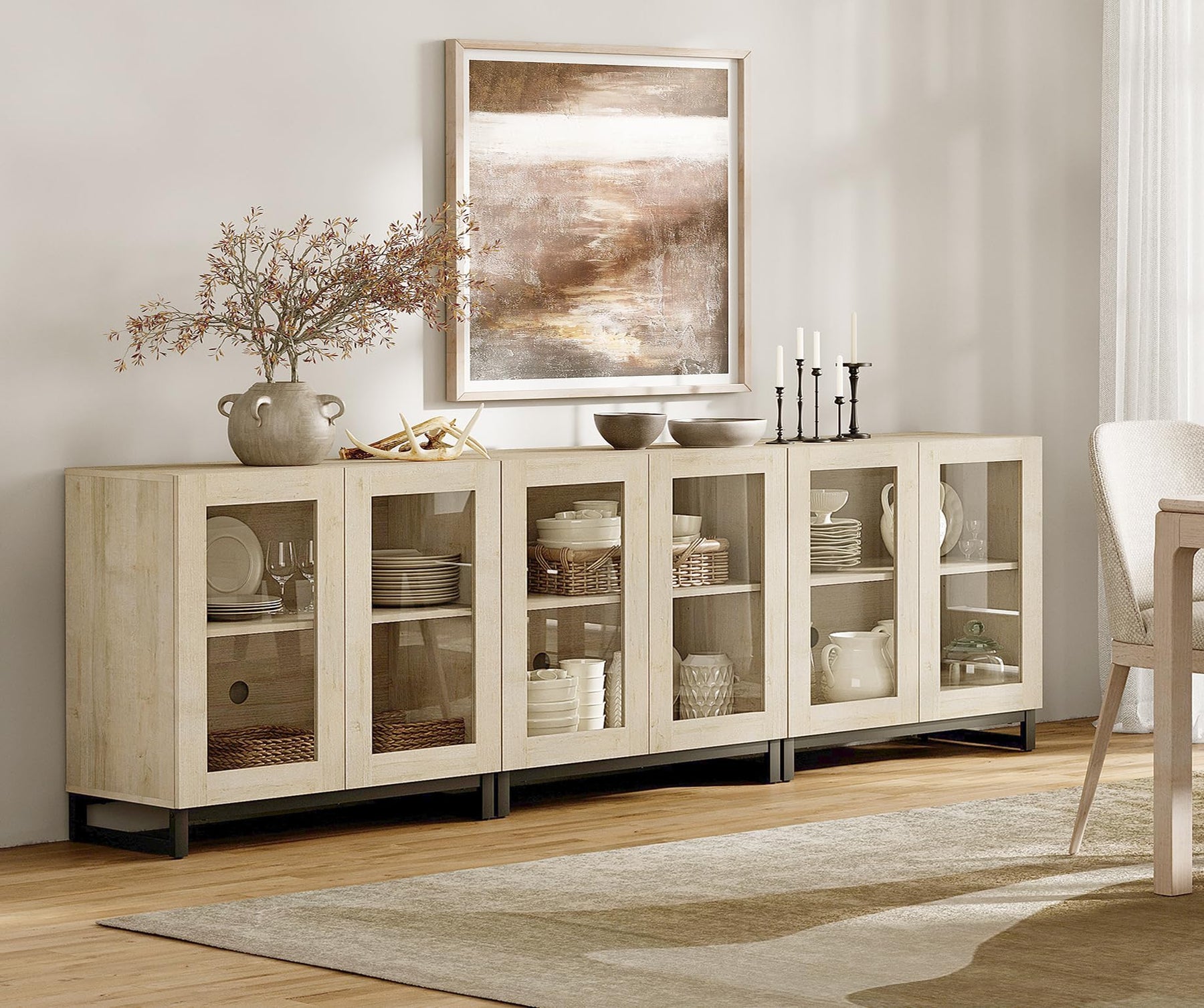 WAMPAT Modern TV Stand with Glass Doors for 80-120 inch TVs, 4 in 1 Entertainment Center Console with 4 Drawers and Metal Base for Living Room, Bedroom, Brown