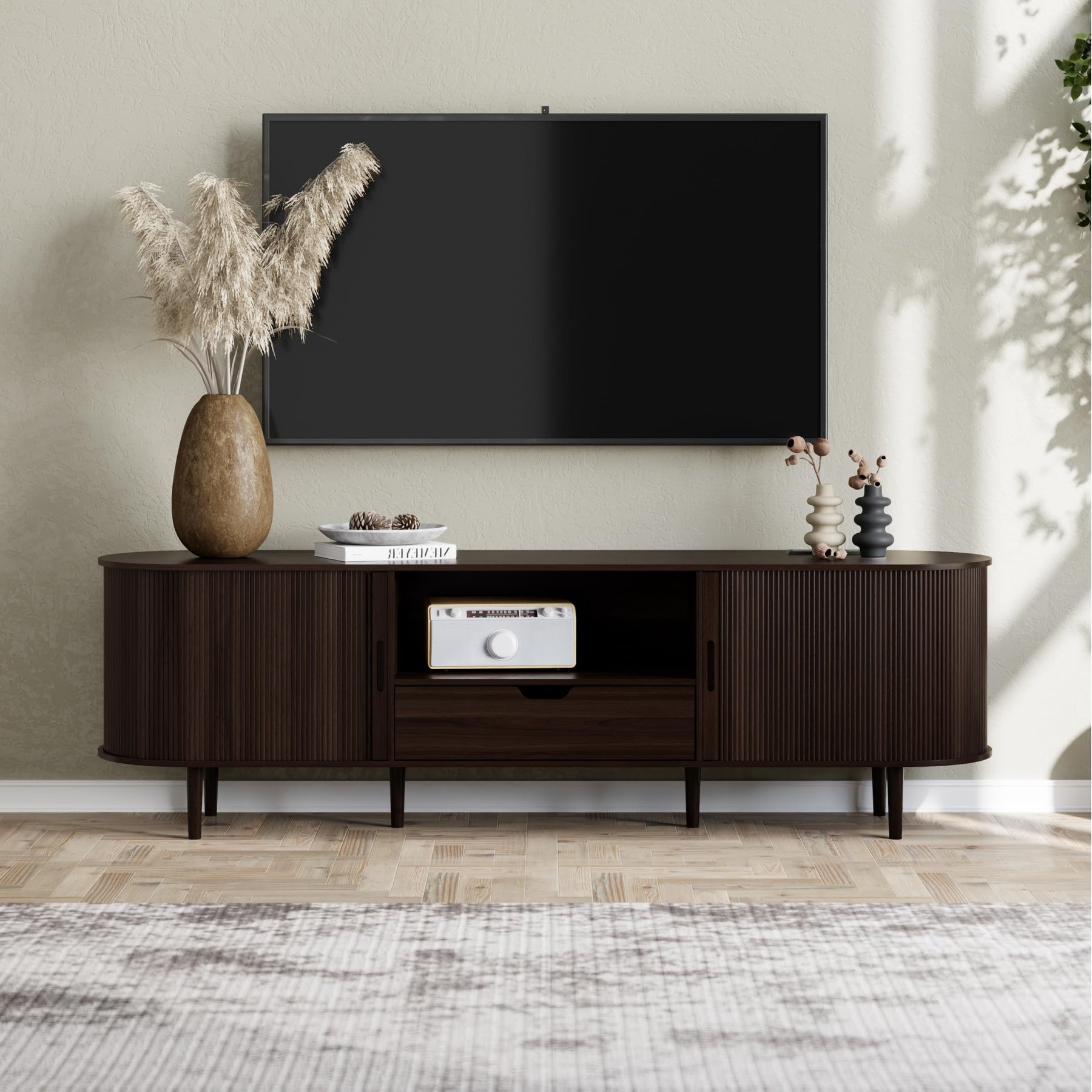DHH 86.6" Fluted TV Stand with Power Outlet for TVs up to 90", TV Console with Adjustable Shelves and Sliding Door,Mid Century Modern Entertainment Center for Living Room,Bedroom (Walnut)