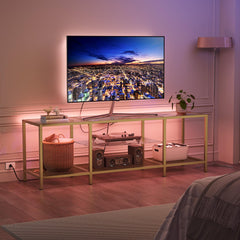 HOOBRO TV Stand with LED Lights and Power Outlets for TVs up to 75", Modern 70.9 Inch Tempered Glass TV Console Table with Open Shelves, Media Entertainment Center for Living Room, Gold GD185UDS01