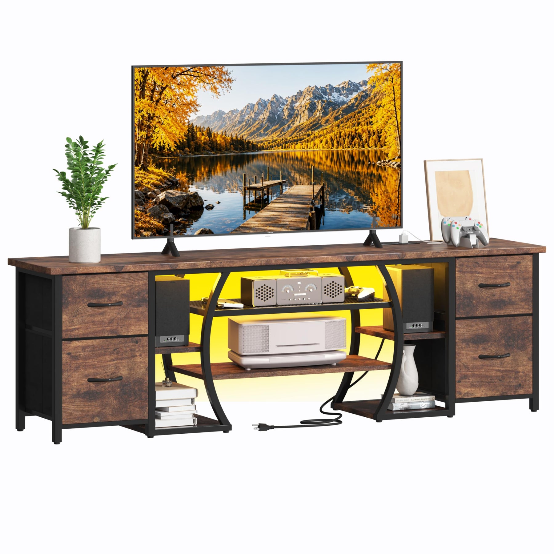 ZHNSYDN LED TV Stand for 65, 70, 80 Inch TV,71 Inch Industrial Entertainment Center with Power Outlets,Media Console Table with Open Storage Shelves & Fabric Drawers for Living Room Bedroom,Greige