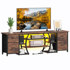 ZHNSYDN LED TV Stand for 65, 70, 80 Inch TV,71 Inch Industrial Entertainment Center with Power Outlets,Media Console Table with Open Storage Shelves & Fabric Drawers for Living Room Bedroom,Greige