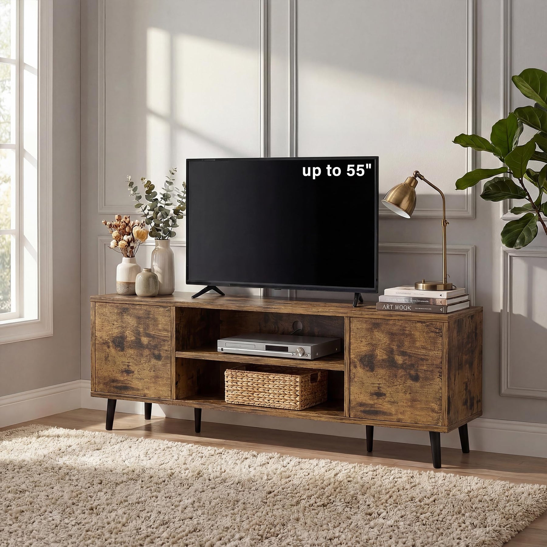 YESHOMY Mid-Century Modern TV Stand, 58 Inch, Light Grey